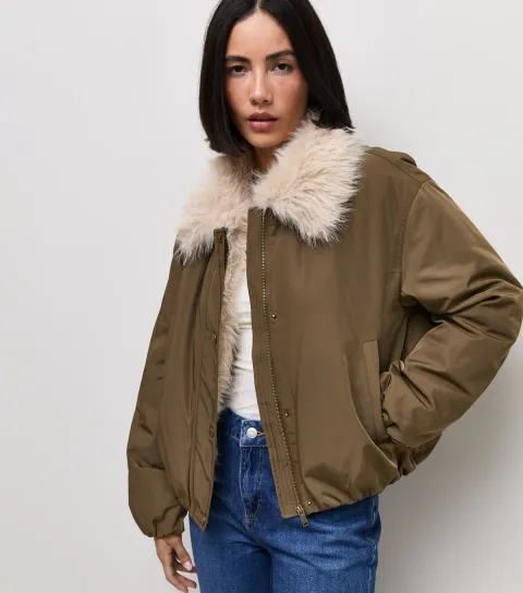 New Look Women's Dark Khaki Faux Fur Collar Bomber Jacket