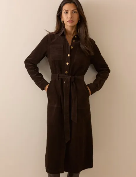 Cord Belted Midi Shirt Dress Brown