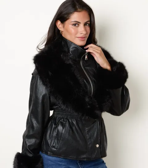 Blue Vanilla Women's Black Faux Leather Faux Fur Trim Jacket