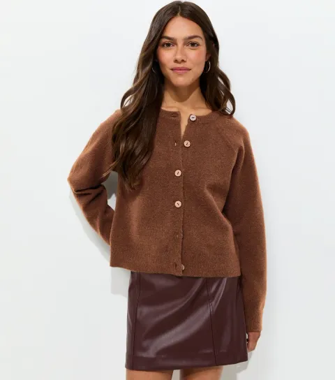 Women's Petite Dark Brown Brushed Knit Raglan Meet The Jean Cardigan