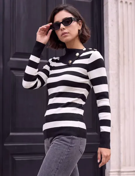 Roman Rayon Rich Striped Button Detail Jumper Black Mix