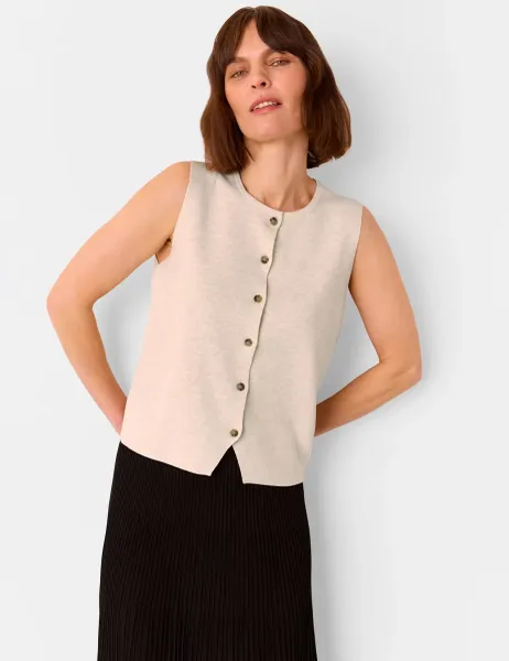 Whistles Lucy Cotton Rich Crew Neck Button Through Waistcoat Oatmeal