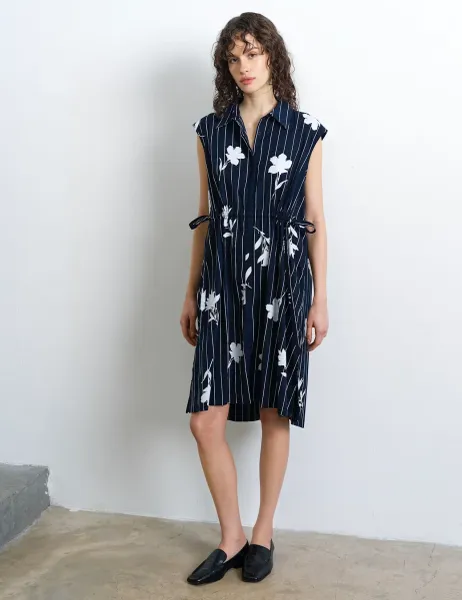 French Connection Pure Cotton Floral Knee Length Shirt Dress Blue Mix