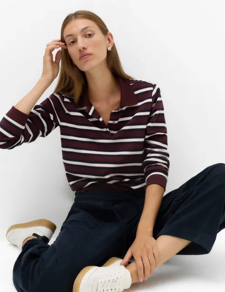 Marks & Spencer Cotton Rich Striped Rugby Top Burgundy Mix