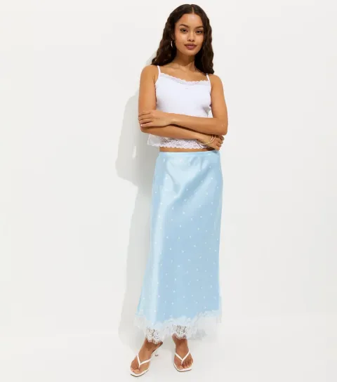 Women's Petite Blue Spot Print Lace Trim Midi Skirt