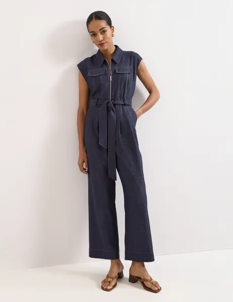 Phase Eight Luiza Denim Belted Wide Leg Jumpsuit Blue