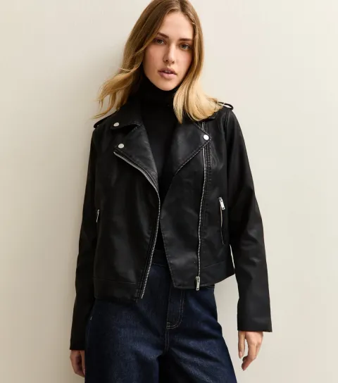 Women's Black Leather-Look Biker Jacket