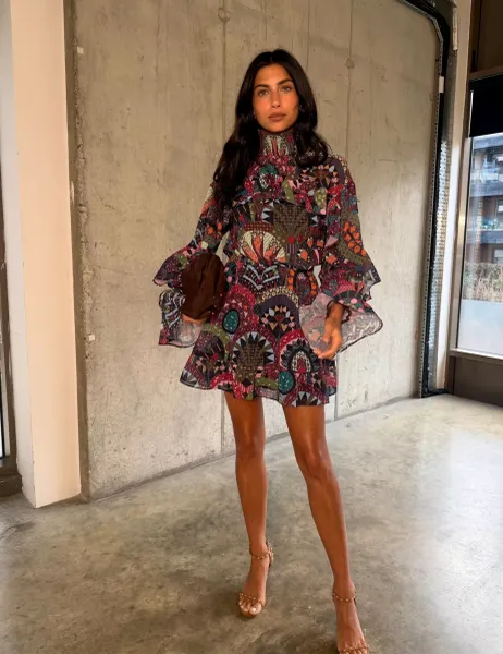 Never Fully Dressed Paisley Crew Neck Smock Mini Dress Black Mix