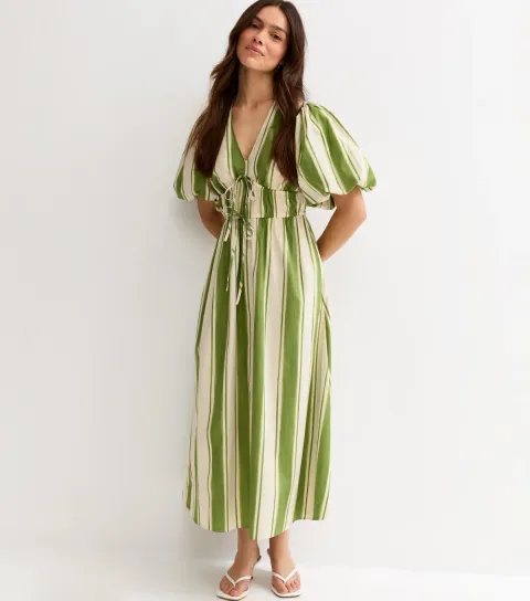 Women's Petite Green Stripes Puff Sleeve Midi Dress