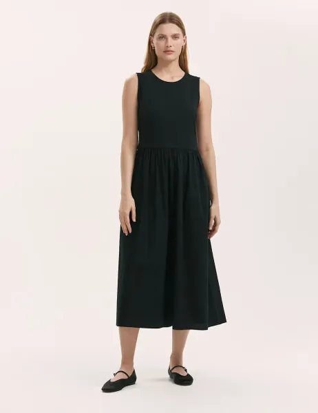 Finery London Cotton Rich Round Neck Midi Skater Dress Black