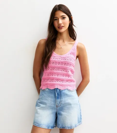 Women's Pink Crochet Pointelle Knit Top