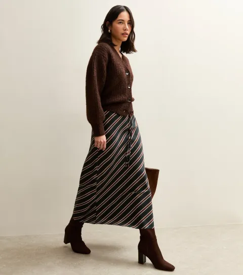 Women's Black Striped Satin Bias Cut Midi Skirt