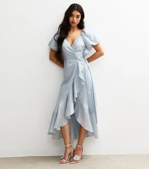Women's Light Blue Textured Wrap Ruffle Midi Dress