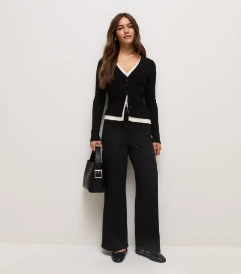 New Look Women's Petite Black Cotton Rich Jersey Wide Leg Trousers