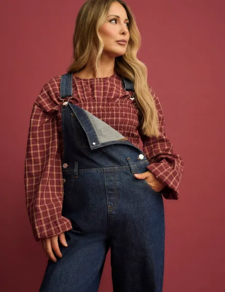 Checked Shirred Blouse Red