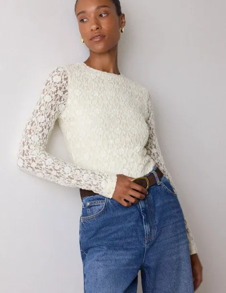 Whistles Lace Detail Long Sleeve Top