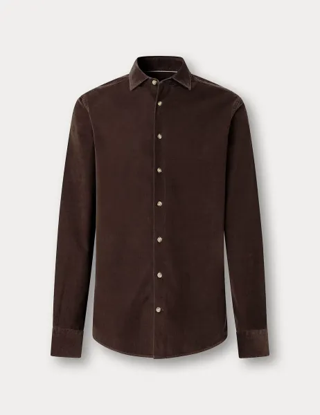 Hackett Tailored Fit Pure Cotton Babycord Shirt Dark Brown