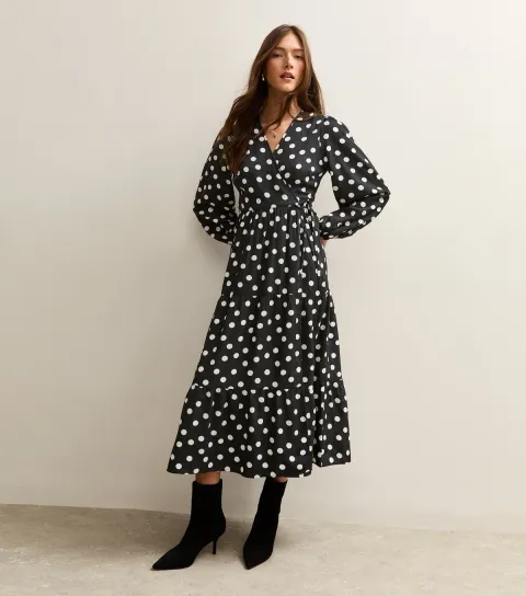 New Look Women's Black Crepe Polka Dot Long Sleeve Wrap Midi Dress