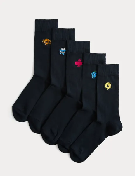 Marks & Spencer 5 Pack Mr Men Embroidered Cotton Rich Socks Navy Mix