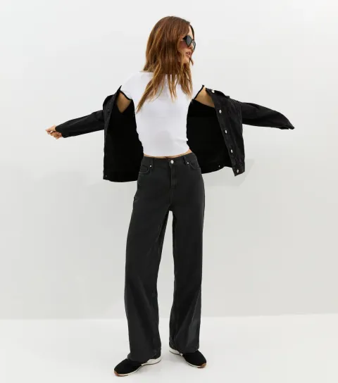 Women's Black Elasticated Waist Wide Leg Jeans