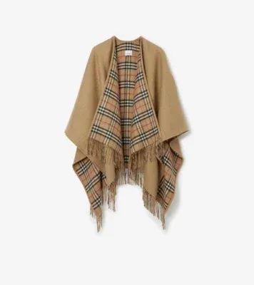 Reversible Check Wool Cape in Archive beige