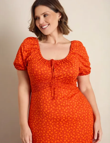 Live Unlimited London Floral Scoop Neck Midaxi Tea Dress Orange