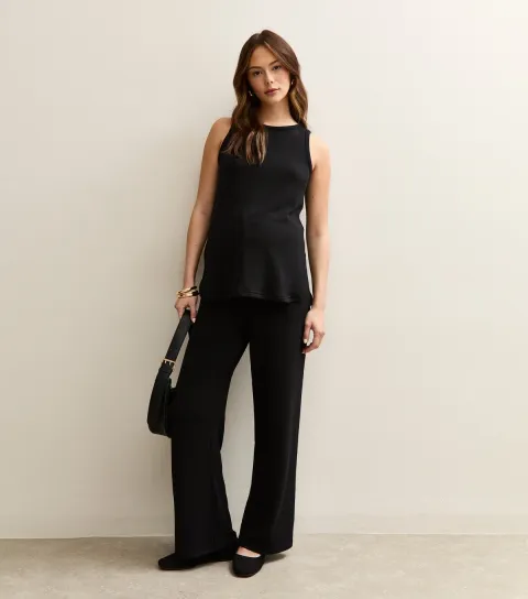 Women's Maternity Black Textured Wide Leg Trousers