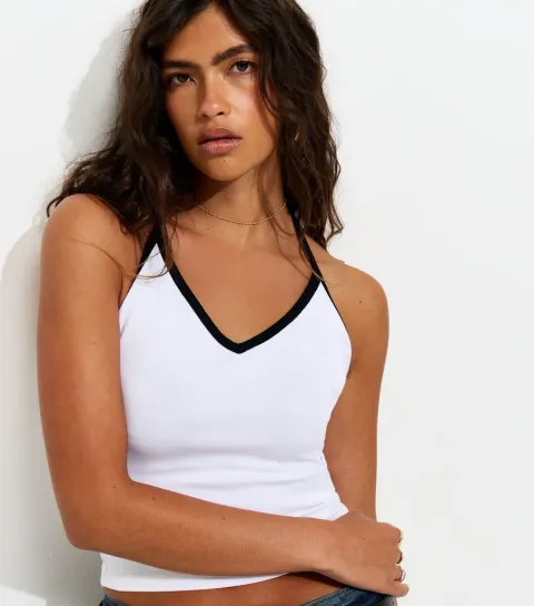 Women's White Contrast Trim Halter Neck Top