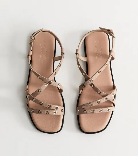 Women's Light Brown Faux Suede Eyelet Embellished Multi Strap Flat Sandals Vegan