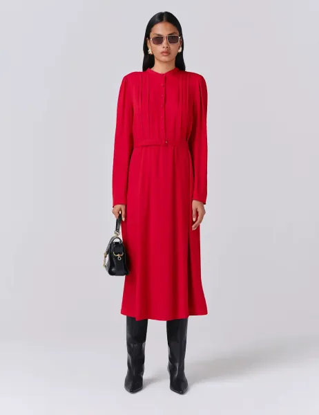 Ghost Crepe Pintuck Button Front Midi Waisted Dress Red