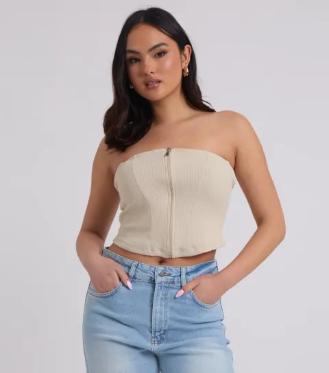 Women's Cream Ribbed Zip Up Corset Top