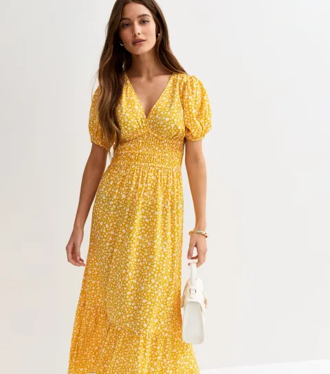 Women's Yellow Ditsy Floral Short Sleeve Midi Dress