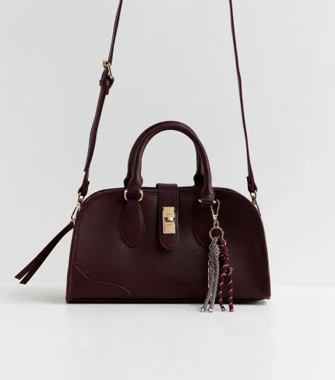 Dark Burgundy Faux Leather Charm Detail Bowler Bag