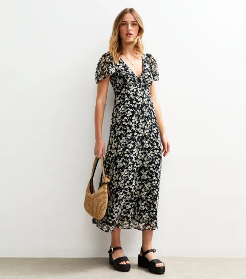 Women's Black Daisy Print Flutter Sleeve Chiffon Midi Dress
