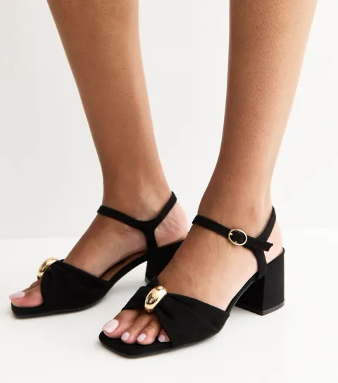 Women's Wide Fit Black Faux Suede Metal Ring Block Heel Sandals Vegan