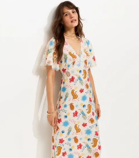 Women's Tall Cream Leopard Print Lace Trim Midi Tea Dress
