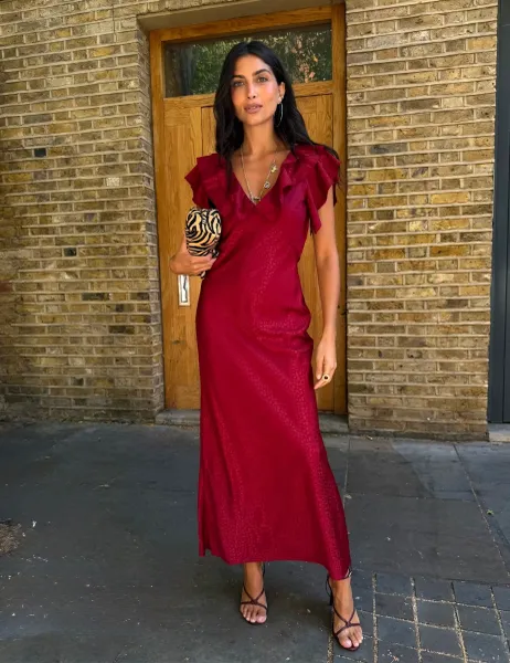 Never Fully Dressed Printed V Neck Frill Maxi Dress