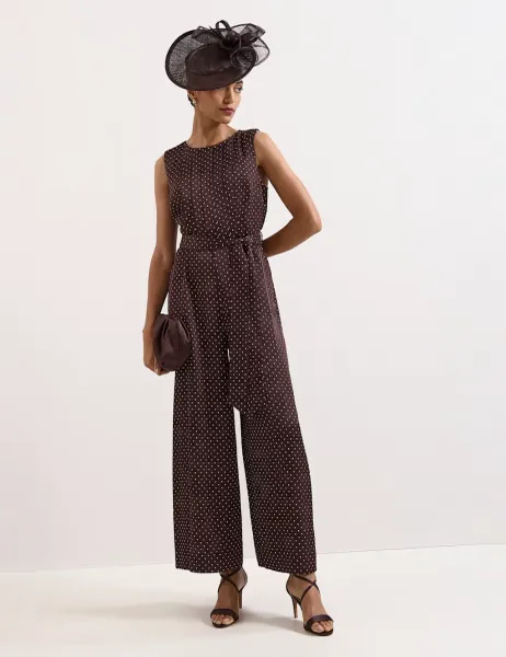 Phase Eight Polka Dot Belted Sleeveless Jumpsuit Brown Mix