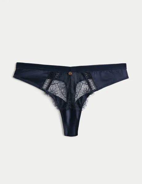 ROSIE Saffron Satin & Lace Thong Navy