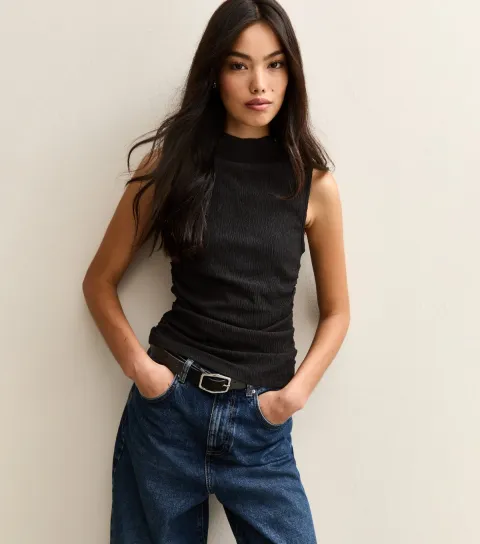 Women's Black Textured Jersey Ruched Tank Top