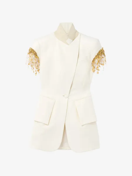 Gold Leaves and Crystal Embroidery Short-Sleeved Jacket