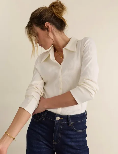BAUKJEN Jersey Rib Collared Button Down Fitted Top Cream
