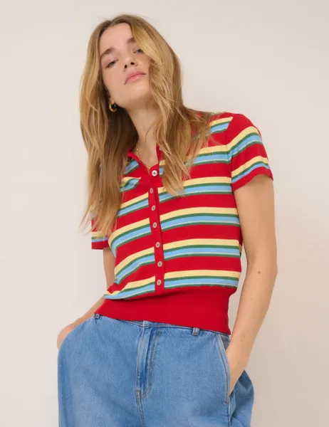 Nobody's Child Striped Collared Button Through Knitted Top Multi