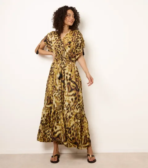 Women's Multicolour Crossover Animal Print Maxi Dress