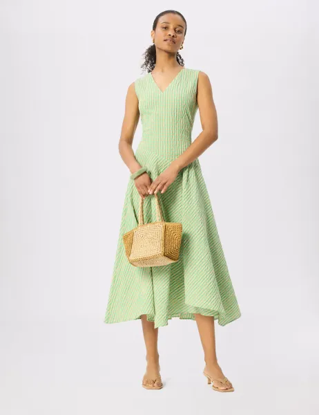 Whistles Cotton Rich Textured Checked V-Neck Midi Dress Green Mix