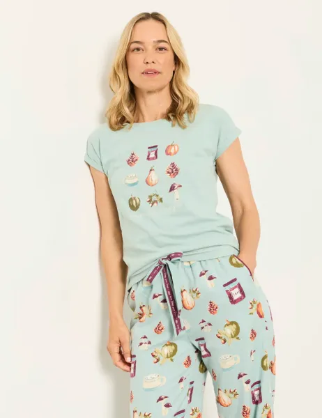 FatFace Pure Cotton Pyjama Top Teal Mix