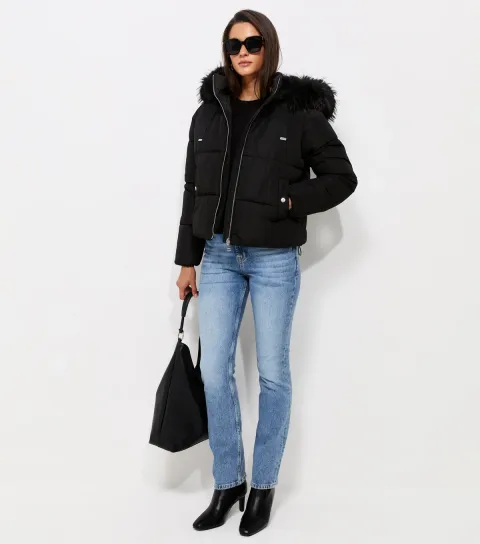 New Look Women's Black Faux Fur Hood Puffer Jacket