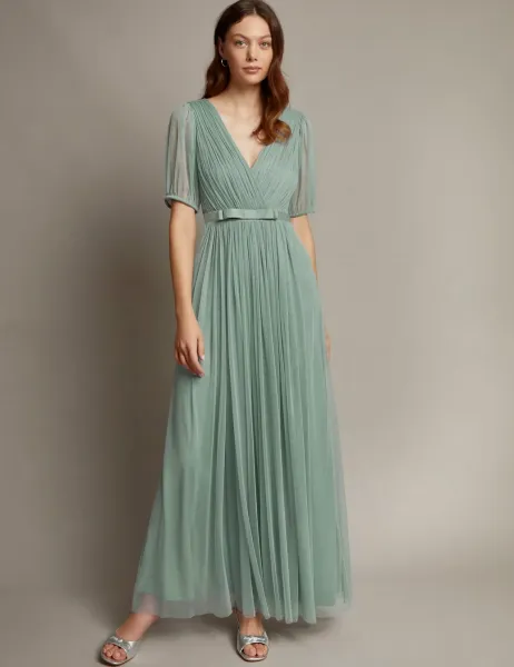 Monsoon V-Neck Sheer Sleeve Maxi Waisted Dress Light Green