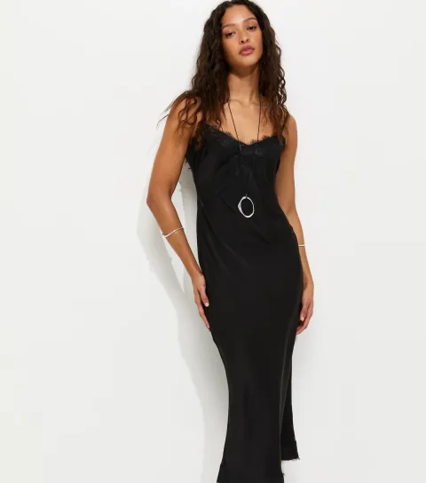 Women's Black Lace Trimmed Satin Midi Dress