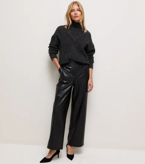 New Look Women's Black Faux Leather Wide Leg Trousers